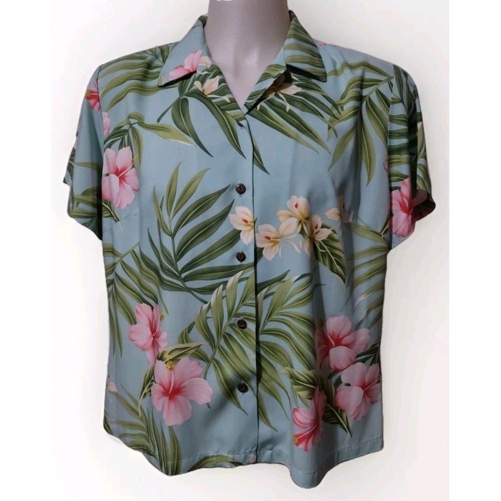 Puanani Shirt Vintage Women's  Size XXL Green Hawaiian Floral Button Down Retro